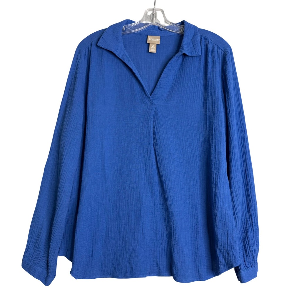 Chico's Gauze Popover Top Womens L 2 Blue Lagenlook Beach Relaxed Breathable